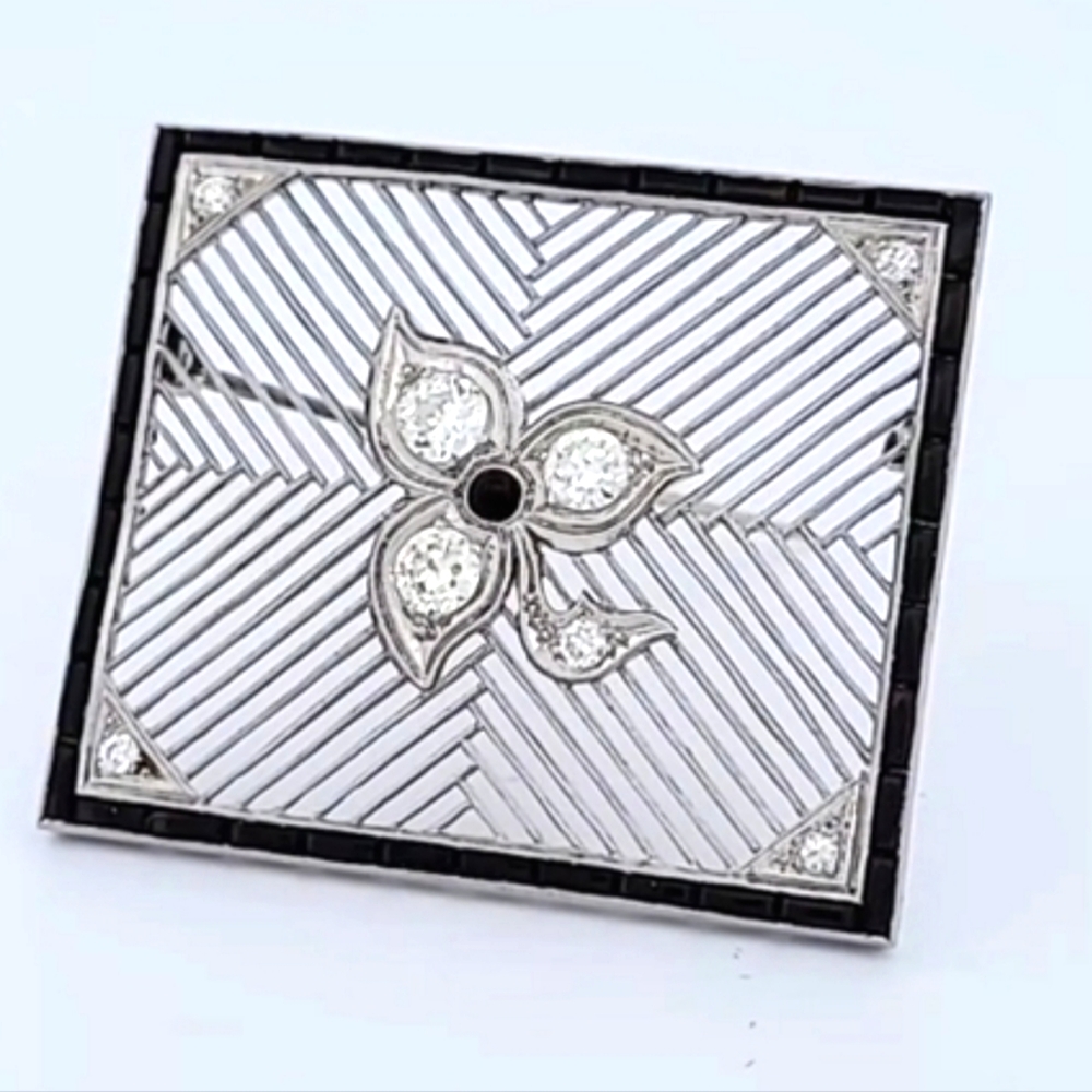 Diamond Platinum Onyx Brooch Pin Large Antique Appraised 19.3 gm